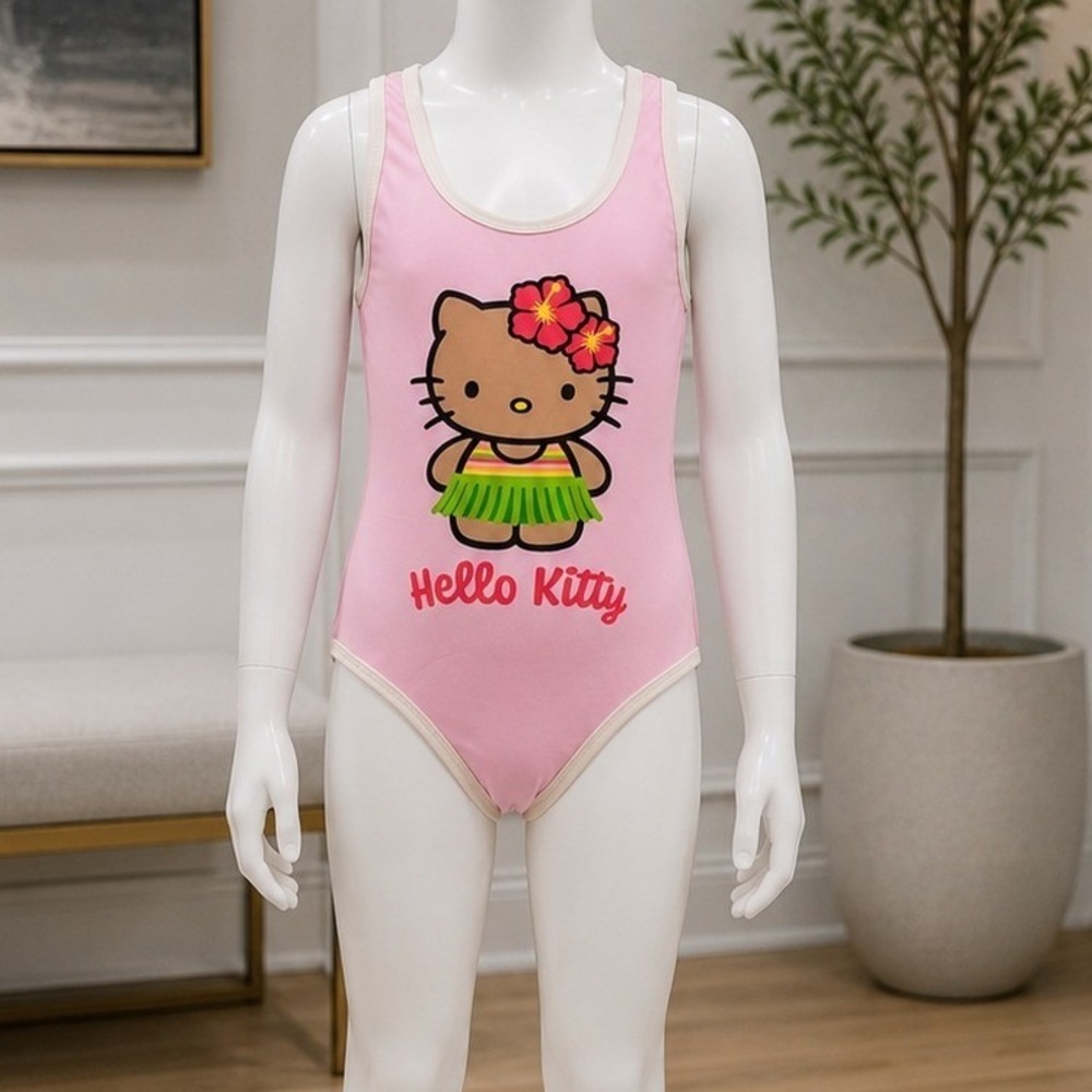 Hello Kitty Girls One Piece Swimsuit Hawaii Hula Tropical Pink M 7-8